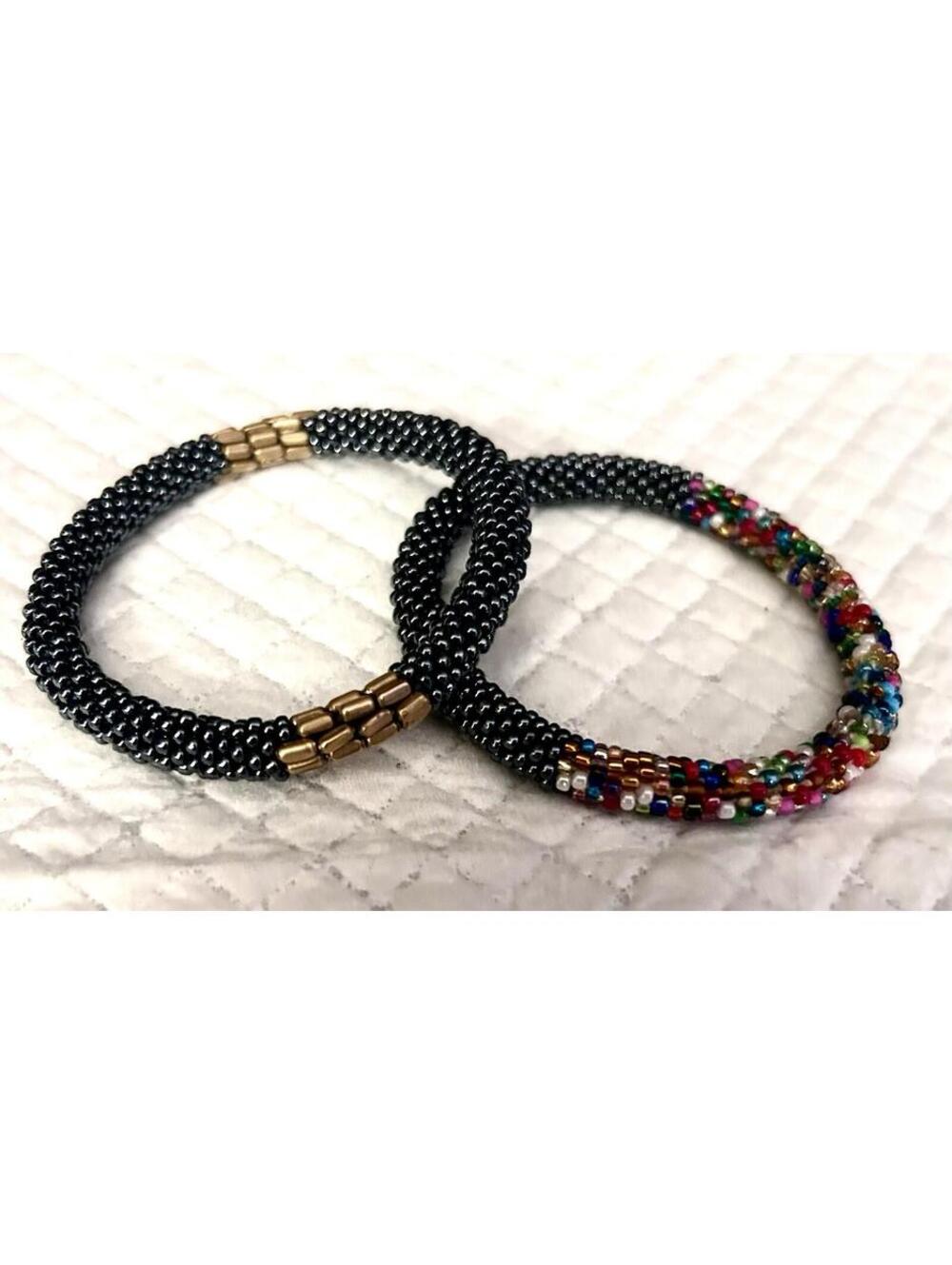 Sashka Co. Lot Of 2 Roll On Bracelets- Gunmetal Gray Gold Multi- Nepal Handmade